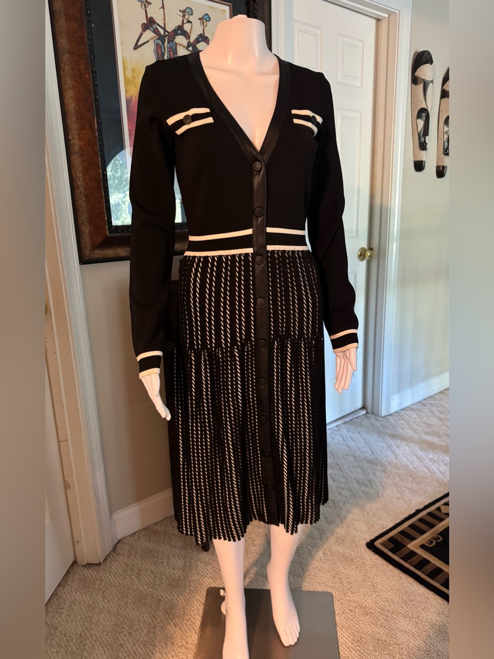 Pinko Black and White Button-Front Midi Dress